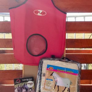 Hay feeder, horse rug and fly mask